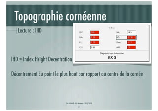 Topographie cornéenne
Lecture : IHD

IHD = Index Height Decentration
Décentrement du point le plus haut par rapport au centre de la cornée

J-A.DOUAUD - ISO Bordeaux - 2013/2014

31

 
