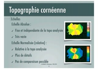 Topographie cornéenne
Echelles
Echelle Absolue :
✔

Fixe et indépendante de la topo analysée

✔

Très vaste

Echelle Normalisée (relative) :
✔

Relative à la topo analysée

✔

Plus de détails

✔

Pas de comparaison possible

J-A.DOUAUD - ISO Bordeaux - 2013/2014

8

 