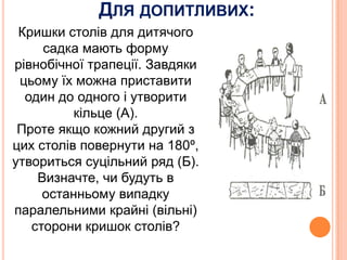 ДЛЯ ДОПИТЛИВИХ:
Кришки столів для дитячого
садка мають форму
рівнобічної трапеції. Завдяки
цьому їх можна приставити
один до одного і утворити
кільце (А).
Проте якщо кожний другий з
цих столів повернути на 180º,
утвориться суцільний ряд (Б).
Визначте, чи будуть в
останньому випадку
паралельними крайні (вільні)
сторони кришок столів?

 
