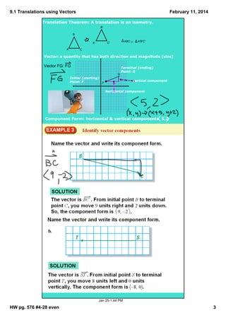 9.1 Translations using Vectors
February 11, 2014
Translation Theorem: A translation is an isometry.
B'
B
A
ABC ≅ A'B'C'
C'
A'
C
Vector: a quantity that has both direction and magnitude (size)
Vector FG: FG
G
Terminal (ending)
Point: G
Initial (starting)
Point: F
F
vertical component
horizontal component
Component Form: horizontal & vertical components 5,2
Jan 251:44 PM
HW pg. 576 #428 even
3