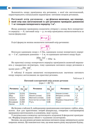 Fizika_Part2.qxp

30.07.2009

20:41

Page 66

66

Розділ 2

Залежність опору провідника від речовини, з якої він виготовлений,
характеризують спеціальним параметром: питомим опором речовини.
П и т о м и й о п і р р е ч о в и н и — це фізична величина, що показує,
який опір має виготовлений із цієї речовини провідник довжиною
1 м і площею поперечного перерізу 1 м2.
Якщо довжину провідника позначити літерою l, площу його поперечно
го перерізу — S, питомий опір — ρ, то опір провідника визначатиметься за
такою формулою:

R=ρ

l
.
S

З цієї формули можна визначити питомий опір речовини:

ρ=

RS
,
l

Оскільки одиницею опору є 1 Ом, одиницею площі поперечного перері
зу — 1 м2, одиницею довжини — 1 м, то одиницею питомого опору буде:
1Ом · 1м2
= 1Ом · м.
1м
На практиці площу поперечного перерізу провідників зазвичай виража
ють у квадратних міліметрах, тому одиницею питомого опору речовини в
Ом · мм2
цьому разі є 1
.
м
У таблиці 3 подано визначені експериментально значення питомого
опору широко застосованих на практиці речовин.
Та б л и ц я 3

Питомий електричний опір деяких речовин
(при t = 20 °С)
Речовина
Срібло
Мідь
Золото
Алюміній
Вольфрам
Залізо

ρ,
2
Oм · мм
м
0,016
0,017
0,024
0,028
0,050
0,10

Речовина
Свинець
Нікелін (сплав)
Манганін (сплав)
Константан (сплав)
Ртуть

ρ,
2
Oм · мм
м
0,21
0,40
0,43
0,50
0,96

Речовина
Ніхром (сплав)
Фехраль (сплав)
Графіт
Фарфор (порцеляна)
Ебоніт

ρ,
2
Oм · мм
м
1,1
1,3
13
19
10
20
10

Як бачимо з таблиці 3, найкращими провідниками електрики є срібло, мідь,
золото. Але для практичних потреб (наприклад, створення електромереж)
провідники виготовляють із алюмінію, міді і заліза.
У нагрівальних елементах застосовують ніхромові й фехралеві провідни
ки. Фарфор (порцеляна) і ебоніт є чудовими ізоляторами.
Бачимо, що для різних речовин значення питомого опору змінюються в дуже
широких межах. Це пояснюється тим, що вони мають різну внутрішню будову.

 