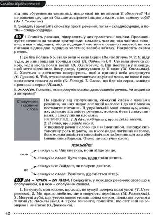 Складного) рядне речення
від них з б е р е ж е н н я т а є м н и ц і , я к щ о с а м і ви не змогли ї ї зберегти? Ч и
не означає це, щ о ви б і л ь ш е д о в і р я є т е і н ш и м л ю д я м , н і ж с а м о м у собі?
(За І. Томаном)
II. Знайдіть і зачитайте спочатку прості речення, потім - складносурядні, а потім - складнопідрядні.
^ У І. Спишіть речення, підкресліть у них граматичні основи. Проаналізуйте речення за такими критеріями: кількість частин; яка частина головна, а яка - підрядна; місце підрядної частини стосовно головної; на яке
питання відповідає підрядна частина; з а с о б и зв'язку. Накресліть схеми
речень.
1. Де б у в колись бір, стало велике село Бірки (Панас Мирний). 2. Я піду
туди, де нині зацвіли троянди г о ж і (Л. Забашта). 3. Ставала річечка рікою, коли несла полям весну (В. Юхимович). 4. Він п о с т у к а в у віконце,
щ о б мати відчинила й о м у двері, прислухався до її ходи (М.
Стельмах).
5. Х о ч е т ь с я в дитинство повернутись, щ о б з криниці неба зачерпнути
(Є. Гуцало). 6. Той, хто зневажливо ставиться до рідної мови, не м о ж е й сам
викликати поваги до себе (О. Гончар). 7. Слово, щ о йде від серця, завжди
проникає в серце (Нізамі).
II. МІКРОФОН. Поясніть, як ви розумієте зміст двох останніх речень. Чи згодні ви
з авторами?
Сполучники
і сполучні
слова

^г

Иа відміну від с п о л у ч н и к і в , сполучні слова є членами
речення, на них падає логічний наголос і до них м о ж н а
поставити питання. В у к р а ї н с ь к і й мові слова що, коли,
як, залежно від змісту речення, м о ж у т ь бути і с п о л у ч н и ками, і с п о л у ч н и м и словами.
Н А П Р И К Л А Д ; 1. Я бачив яблуньку, що зацвіла восени.
2. Я знаю, що прийде весна.
У першому реченні слово що є займенником, виконує синт а к с и ч н у роль підмета, на нього падає логічний наголос,
його м о ж н а замінити синонімічним займенником яка або
іменником яблунька. Отже, це сполучне слово.
РОЗРІЗНЯЙТЕ1.
Зникне роса, коли зійде сонце.

сполучник:

коли
сполучне
як

слово: Була пора, коли цвіли в и ш н і .

•у сполучник:
""ж сполучне

Зайдеш, як п о ч у є ш дзвінок.

слово: Р о з к а ж и , як с м і є т ь с я вітер.

ABA - ЧОТИРИ - ВСІ РАЗОМ. Поміркуйте, у яких двох реченнях слово що
сполучником, а в яких - сполучним словом.
1. Не с у м у й , моя тополе, щ о дощі, не с у м у й посеред поля уночі (Т. Пепгровська). 2. Ми п р а ц ю любимо, щ о в творчість перейшла (М.
Рильський).
3. Могутні дуби, щ о г у с т о ю л а в о ю стояли понад озером, повилися густими
тінями (С. Васильченко). 4. Треба показати, пояснити, щ о світ наш не замерзає і не згасає
(О.Довженко).

42

 
