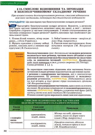 безсполучникове речення
§ 15. СМИСЛОВІ ВІДНОШЕННЯ Т А ІНТОНАЦІЯ
В БЕЗСПОЛУЧНИКОВОМУ СКЛАДНОМУ РЕЧЕННІ
Про основні ознаки безсполучникового речення, смислові відношення
між його частинами, інтонацію та стилістичні особливості
П Р И Г А Д А Й Т Е ! Що вам відомо про безсполучникове складне речення?
^ Т Ї ^ У Прочитайте безсполучникові складні речення. Визначте, у реченнях
якої групи частини граматично незалежні одна від одної, а якої - залежні.
Спробуйте з'єднати ці частини сполучниками. З якими сполучниковими реченнями співвідносні подані речення? Зробіть висновок про особливості речень кожної групи.
1. Плине білий ч о в н и к , вітер ледве
дише... (Леся Українка).
2. М р і ю т ь к р и л а м и з т у м а н у лебеді
р о ж е в і , сиплять ночі у лимани зорі
сургучеві (В. Симоненко).

1. З о б о в ' я з а в с я с л о в о м — закріпи ділом (Нар. творчість).
2. Раптом вовк н а с т о р о ж и в с я : й о м у
п о ч у л и с я постріли (М. Вінграновський ).

Основні
ознаки

Безсполучниковим (рос. бессоюзным) складним реченням
називається таке речення, частини я к о г о об'єднані в одне
змістове й синтаксичне ціле без сполучників чи с п о л у ч н и х
слів, за д о п о м о г о ю інтонації.
Визорилось
небо, поля потонули в імлі, у синіх смереках (О. Гончар).
Схема речення: [ ], [ ].

Смислові
відношення

За характером смислових відношень між частинами безсполучникові складні речення поділяються на дві основні групи:
• речення з о д н о р і д н и м и ч а с т и н а м и , я к і є с и н т а к с и ч н о
рівноправними. Ці речення співвідносні зі с к л а д н о с у р я д н и м и реченнями.
Піднімаються грози
на тлі вечорів, у тих грозах серця позливались громами
(М. Вінграновський);
• речення з неоднорідними частинами, одна з я к и х залежить
від іншої. Ці речення співвідносні зі складнопідрядними реченнями.
Мабуть, у кожного так буває: [як?]
часто у місті село мені сниться (М. Сингаівський).
Речення кожної групи виражають певні смислові відношення.

СМИСЛОВІ В І Д Н О Ш Е Н Н Я М І Ж Ч А С Т И Н А М И
БЕЗСПОЛУЧНИКОВОГО СКЛАДНОГО РЕЧЕННЯ
Групи
речень

з однорідними
частинами

88

Смислові
відношення

Приклади

одночасність
подій, я в и щ

Місяць на небі, зіроньки
сяють, тихо по морю човен
пливе (Нар. творчість)

послідовність
подій, я в и щ

Пригріло сонечко, обсохла
земля, потягло орача в поле
(М. Коцюбинський)

 