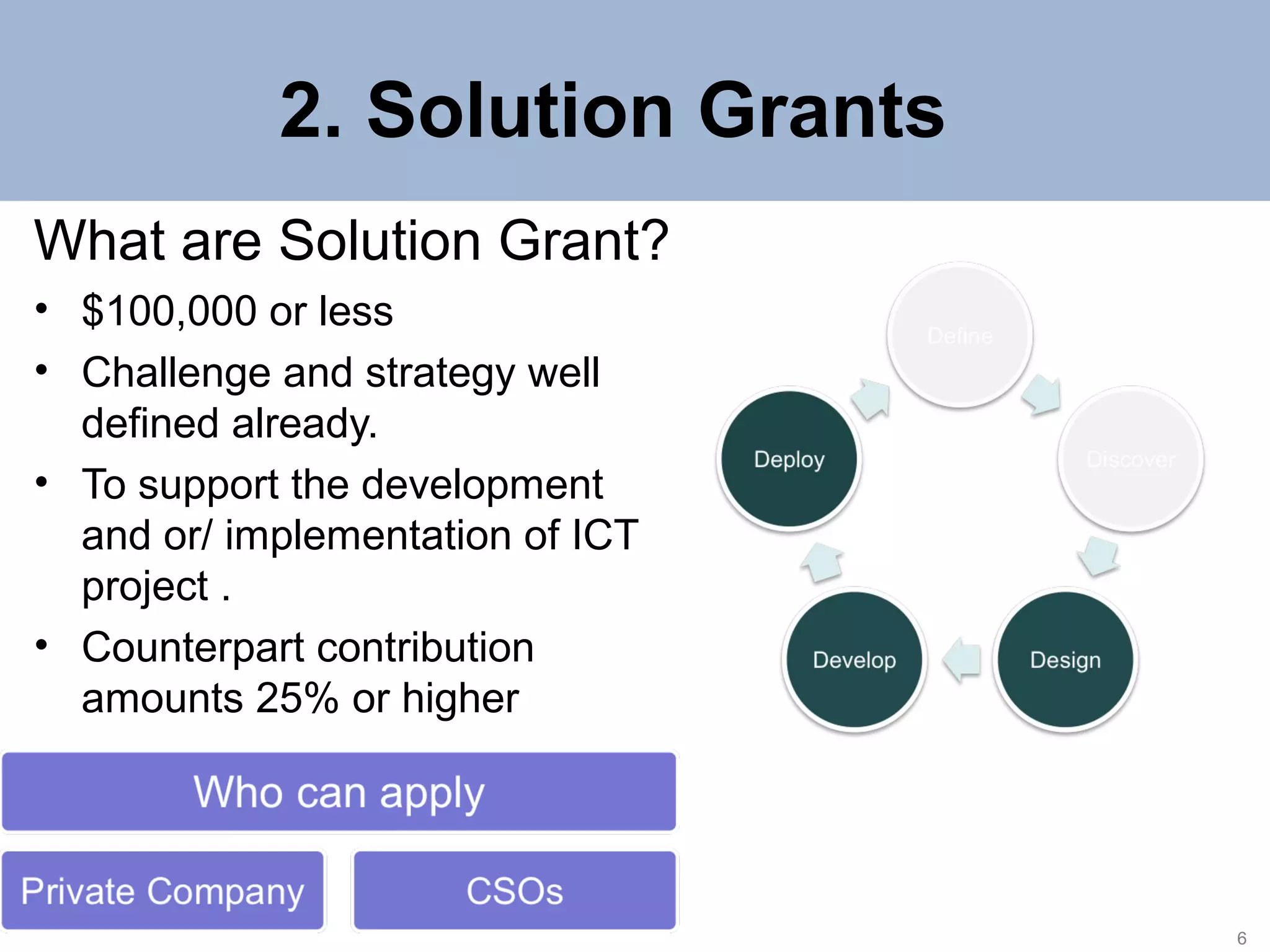 2. Solution Grants
What are Solution Grant?
• $100,000 or less
• Challenge and strategy well
defined already.
• To support the development
and or/ implementation of ICT
project .
• Counterpart contribution
amounts 25% or higher

6

 