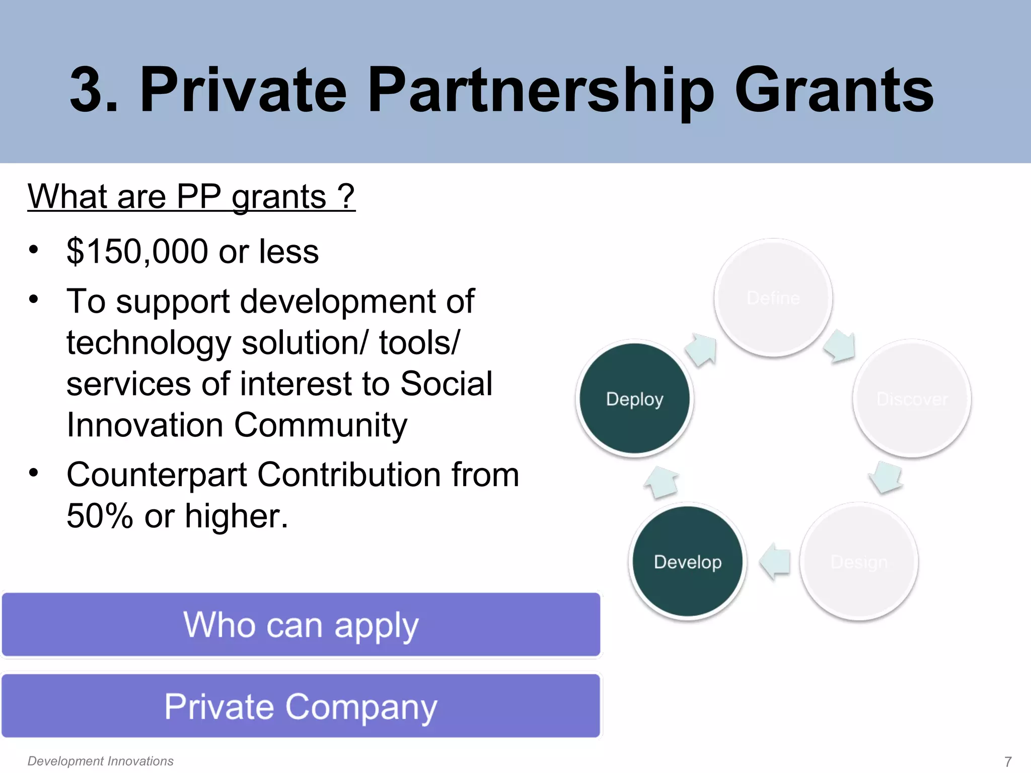 3. Private Partnership Grants
What are PP grants ?
• $150,000 or less
• To support development of
technology solution/ tools/
services of interest to Social
Innovation Community
• Counterpart Contribution from
50% or higher.

Development Innovations

7

 