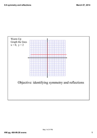 9.9 symmetry and reflections

March 07, 2014

Warm Up
Graph the lines
x = 0,  y = 2

Objective: identifying symmetry and reflections

May 1­4:31 PM

HW pg. 484 #6­26 evens

1

 