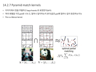14.2.7 Pyramid match kernels
• 이미지에서 점을 추출하고 bag of words 로 표현한다(SIFT)
• 여러 레벨을 가진 grid로 나누고, 얼마나 일치하는지 본다(같은 grid에 얼마나 같이 등장하는지?)
• This is a Mercer kernel.
 