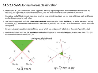 14.5.2.4 SVMs for multi-class classification
• In Section 8.3.7, we saw how we could “upgrade” a binary logistic regression model to the multiclass case, by
replacing the sigmoid function with the softmax, and the Bernoulli distribution with the multinomial.
• Upgrading an SVM to the multi-class case is not so easy, since the outputs are not on a calibrated scale and hence
are hard to compare to each other
• The obvious approach is to use a one-versus-the-rest approach (also called one-vs-all), in which we train C binary
classifiers, fc(x), where the data from class c is treated as positive, and the data from all the other classes is treated
as negative.
• However, this can result in regions of input space which are ambiguously labeled, as shown in Figure 14.14(a).
• Another approach is to use the one-versus-one or OVO approach, also called all pairs, in which we train C(C−1)/2
classifiers to discriminate all pairs fc,c .
C(C−1)/2개의 분류기C개의 분류기
ambiguously labeled
 
