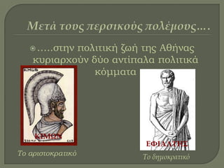 …..στην πολιτική ζωή της Αθήνας
κυριαρχούν δύο αντίπαλα πολιτικά
κόμματα
Σο αριστοκρατικό
ΚΙΜΩΝ
Το δημοκρατικό
ΕΦΙΑΛΤΗΣ
 