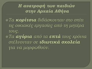 Σα κορίτσια διδάσκονταν στο σπίτι
τις οικιακές εργασίες από τη μητέρα
τους.
Σα αγόρια από τα επτά τους χρόνια
στέλνονταν σε ιδιωτικά σχολεία
για να μορφωθούν.
 