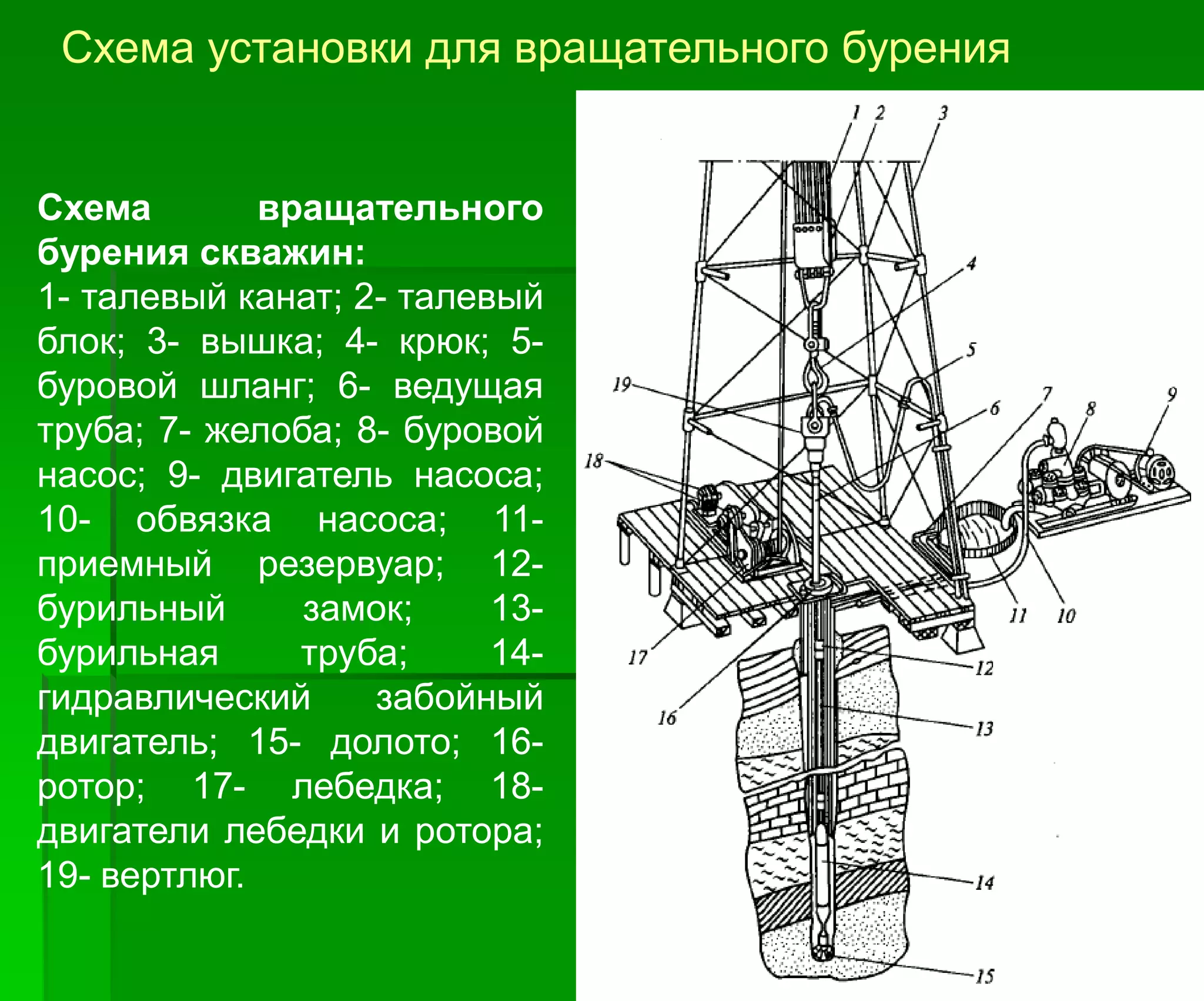 Схема установки для вращательного бурения
Схема вращательного
бурения скважин:
1- талевый канат; 2- талевый
блок; 3- вышка; 4- крюк; 5-
буровой шланг; 6- ведущая
труба; 7- желоба; 8- буровой
насос; 9- двигатель насоса;
10- обвязка насоса; 11-
приемный резервуар; 12-
бурильный замок; 13-
бурильная труба; 14-
гидравлический забойный
двигатель; 15- долото; 16-
ротор; 17- лебедка; 18-
двигатели лебедки и ротора;
19- вертлюг.
 