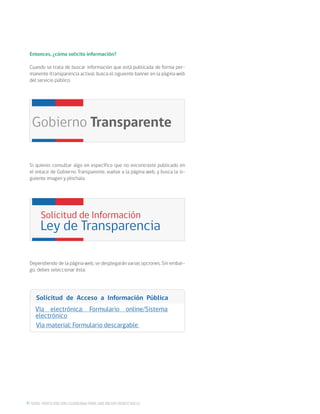 4 SERIE: PARTICIPACIÓN CIUDADANA PARA UNA MEJOR DEMOCRACIA
Entonces, ¿cómo solicito información?
Cuando se trata de buscar información que está publicada de forma per-
manente (transparencia activa), busca el siguiente banner en la página web
del servicio público:
Si quieres consultar algo en específico que no encontraste publicado en
el enlace de Gobierno Transparente, vuelve a la página web, y busca la si-
guiente imagen y pínchala:
Dependiendo de la página web, se desplegarán varias opciones. Sin embar-
go, debes seleccionar ésta:
Gobierno Transparente
Solicitud de Información
Ley de Transparencia
Solicitud de Acceso a Información Pública
Vía electrónica: Formulario online/Sistema
electrónico
Vía material: Formulario descargable
 