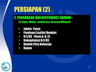 40
PERSIAPAN (2)
2. PENGADAAN DAN DISTRIBUSI SARANA
(3 Tepat: Waktu, Jumlah dan Sasaran/Wilayah)
• Juknis Pusat
• Panduan/Leaflet/Booklet
• R/I/KS (Form A, B, C)
• Rekapitulasi R/I/KS
• Duplek Peta Keluarga
• Kupon
 