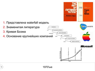 10 1970'ые
1. Представлена waterfall модель
2. Знаменитая литература
3. Кривая Боэма
4. Основание крупнейших компаний
 