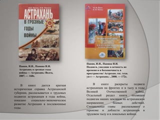 Панин, И.И., Панина И.И.
Астрахань в грозные годы
войны — Астрахань: Волга,
2007. — 160с.
Панин, И.И., Панина И.И.
Подвиги, ушедшие в вечность во
времени и в бесконечность в
пространстве/ Астрахан. гос. техн.
ун-т — Астрахань: , 2008. — 172с.
В книге дается краткая
историческая справка Астраханской
губернии, рассказывается о трудовых
подвигах астраханцев в годы войны,
показано социально-экономическое
развитие Астрахани в послевоенные
годы.
В книге раскрыты подвиги
астраханцев на фронтах и в тылу в годы
Великой Отечественной войны.
Отдельный раздел книги посвящен
подвигам наших земляков на астраханском
направлении боевых действий.
Специальные главы рассказывают о
героизме и доблести астраханцев в
трудовом тылу и в локальных войнах.
 