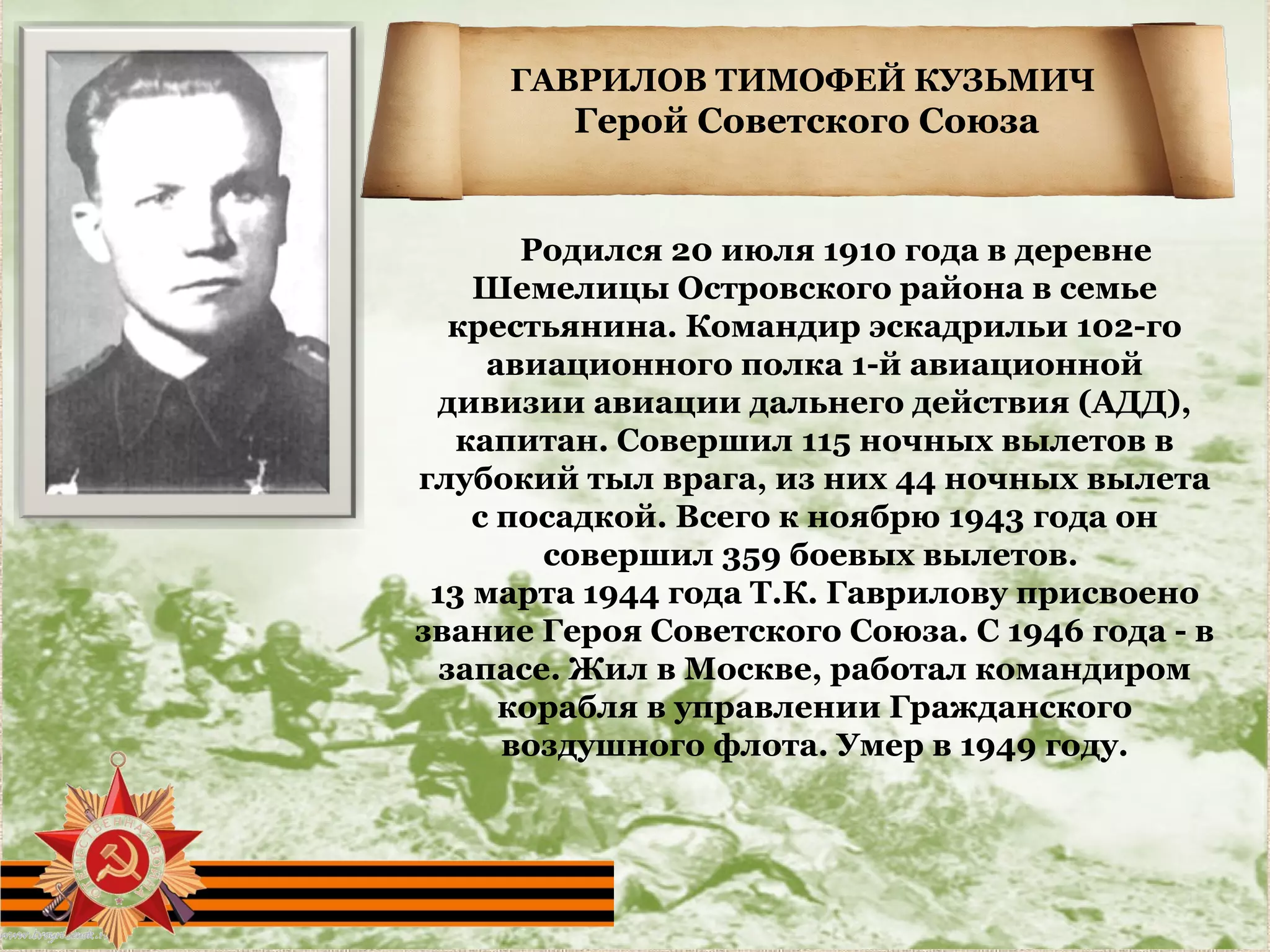 ГАВРИЛОВ ТИМОФЕЙ КУЗЬМИЧ
Герой Советского Союза
Родился 20 июля 1910 года в деревне
Шемелицы Островского района в семье
крестьянина. Командир эскадрильи 102-го
авиационного полка 1-й авиационной
дивизии авиации дальнего действия (АДД),
капитан. Совершил 115 ночных вылетов в
глубокий тыл врага, из них 44 ночных вылета
с посадкой. Всего к ноябрю 1943 года он
совершил 359 боевых вылетов.
13 марта 1944 года Т.К. Гаврилову присвоено
звание Героя Советского Союза. С 1946 года - в
запасе. Жил в Москве, работал командиром
корабля в управлении Гражданского
воздушного флота. Умер в 1949 году.
 
