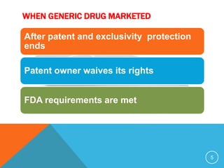 WHEN GENERIC DRUG MARKETED
After patent and exclusivity protection
ends
Patent owner waives its rights
FDA requirements are met
5
 
