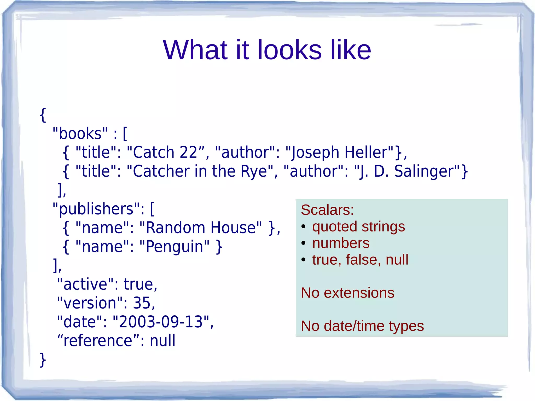 What it looks like
{
"books" : [
{ "title": "Catch 22”, "author": "Joseph Heller"},
{ "title": "Catcher in the Rye", "author": "J. D. Salinger"}
],
"publishers": [
{ "name": "Random House" },
{ "name": "Penguin" }
],
"active": true,
"version": 35,
"date": "2003-09-13",
“reference”: null
}
Scalars:
● quoted strings
● numbers
● true, false, null
No extensions
No date/time types
 