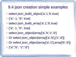 9.4 json creation simple examples
● select json_build_object('a',1,'b',true)
● {“a”: 1, “b”: true}
● select json_build_array('a',1,'b',true)
● [“a”, 1, “b”, true]
● select json_object(array['a','b','c','d']
● Or select json_object(array[['a','b'],['c','d']]
● Or select json_object(array['a','c'],array['b','d'])
● {“a”:”b”, “c”:”d”}
 