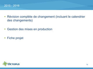 2015 - 2016
 Révision complète de changement (incluant le calendrier
des changements)
 Gestion des mises en production
 Fiche projet
16
 