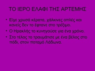ΤΟ ΙΕΡΟ ΕΛΑΦΙ ΤΗΣ ΑΡΤΕΜΗΣ
• Είχε χρυσά κέρατα, χάλκινες οπλές και
κανείς δεν το έφτανε στο τρέξιμο.
• O Ηρακλής το κυνηγούσε για ένα χρόνο.
• Στο τέλος το τραυμάτισε με ένα βέλος στο
πόδι, στον ποταμό Λάδωνα.
 