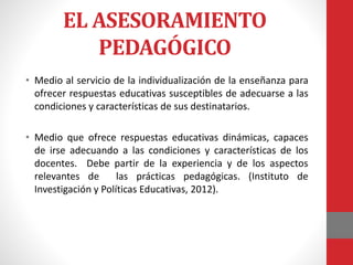 EL ASESORAMIENTO
PEDAGÓGICO
• Medio al servicio de la individualización de la enseñanza para
ofrecer respuestas educativas susceptibles de adecuarse a las
condiciones y características de sus destinatarios.
• Medio que ofrece respuestas educativas dinámicas, capaces
de irse adecuando a las condiciones y características de los
docentes. Debe partir de la experiencia y de los aspectos
relevantes de las prácticas pedagógicas. (Instituto de
Investigación y Políticas Educativas, 2012).
 