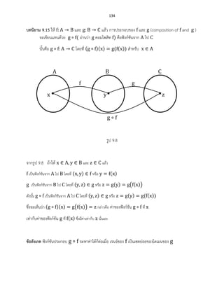 134
บทนิยาม 9.15 ให้ และ แล้ว การประกอบของ และ (composition of and )
จะเขียนแทนด้วย ( อ่านว่า คอมโพสิท ) คือฟังก์ชันจาก ไป
นั้นคือ โดยที่ ( )( ) ( ( )) สาหรับ
รูป 9.8
จากรูป 9.8 ถ้าให้ และ แล้ว
เป็นฟังก์ชันจาก ไป โดยที่ ( ) หรือ ( )
เป็นฟังก์ชันจาก ไป โดยที่ ( ) หรือ ( ) ( ( ))
ดังนั้น เป็นฟังก์ชันจาก ไป โดยที่ ( ) หรือ ( ) ( ( ))
ซึ่งจะเห็นว่า ( )( ) ( ( )) กล่าวคือ ค่าของฟังก์ชัน ที่
เท่ากับค่าของฟังก์ชัน ที่ ( ) ซึ่งมีค่าเท่ากับ นั่นเอง
ข้อสังเกต ฟังก์ชันประกอบ จะหาค่าได้ก็ต่อเมื่อ เรนจ์ของ เป็นเซตย่อยของโดเมนของ
 