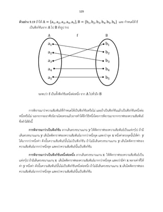 129
ตัวอย่าง 9.19 ถ้าให้ และ กาหนดให้
เป็นฟังก์ชันจาก ไป ดังรูป 9.6
จะพบว่า เป็นทั้งฟังก์ชันหนึ่งต่อหนึ่ง จาก ไปทั่วถึง
การพิจารณาว่าความสัมพันธ์ที่กาหนดให้เป็นฟังก์ชันหรือไม่ และถ้าเป็นฟังก์ชันแล้วเป็นฟังก์ชันหนึ่งต่อ
หนึ่งหรือไม่ นอกจากจะอาศัยนิยามโดยตรงแล้วอาจทาได้อีกวิธีหนึ่งโดยการพิจารณาจากกราฟของความสัมพันธ์
ซึ่งทาได้ดังนี้
การพิจารณาว่าเป็นฟังก์ชัน ลากเส้นตรงขนานแกน ให้ตัดกราฟของความสัมพันธ์เป็นแห่งๆไป ถ้ามี
เส้นตรงขนานแกน เส้นใดตัดกราฟของความสัมพันธ์มากกว่าหนึ่งจุด แสดงว่าจุด หนึ่งค่าตรงจุดนั้นให้ค่า
ได้มากกว่าหนึ่งค่า ดังนั้นความสัมพันธ์นั้นไม่เป็นฟังก์ชัน ถ้าไม่มีเส้นตรงขนานแกน เส้นใดตัดกราฟของ
ความสัมพันธ์มากกว่าหนึ่งจุด แสดงว่าความสัมพันธ์นั้นเป็นฟังก์ชัน
การพิจารณาว่าเป็นฟังก์ชันหนึ่งต่อหนึ่ง ลากเส้นตรงขนานแกน ให้ตัดกราฟของความสัมพันธ์เป็น
แห่งๆไป ถ้ามีเส้นตรงขนานแกน เส้นใดตัดกราฟของความสัมพันธ์มากกว่าหนึ่งจุด แสดงว่ามีค่า หลายค่าที่ให้
ค่า หนึ่งค่า ดังนั้นความสัมพันธ์นั้นไม่เป็นฟังก์ชันหนึ่งต่อหนึ่ง ถ้าไม่มีเส้นตรงขนานแกน เส้นใดตัดกราฟของ
ความสัมพันธ์มากกว่าหนึ่งจุด แสดงว่าความสัมพันธ์นั้นเป็นฟังก์ชัน
 