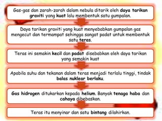 Gas-gas dan zarah-zarah dalam nebula ditarik oleh daya tarikan
graviti yang kuat lalu membentuk satu gumpalan.
Daya tarikan graviti yang kuat menyebabkan gumpalan gas
mengecut dan termampat sehingga sangat padat untuk membentuk
satu teras.
Teras ini semakin kecil dan padat disebabkan oleh daya tarikan
yang semakin kuat
Apabila suhu dan tekanan dalam teras menjadi terlalu tinggi, tindak
balas nuklear berlaku.
Gas hidrogen ditukarkan kepada helium. Banyak tenaga haba dan
cahaya dibebaskan.
Teras itu menyinar dan satu bintang dilahirkan.
 