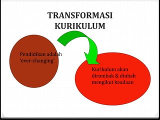 TRANSFORMASI
KURIKULUM
Pendidikan adalah
‘ever-changing’
Kurikulum akan
dirombak & diubah
mengikut keadaan
 