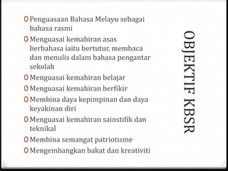 OBJEKTIFKBSR
0 Penguasaan Bahasa Melayu sebagai
bahasa rasmi
0 Menguasai kemahiran asas
berbahasa iaitu bertutur, membaca
dan menulis dalam bahasa pengantar
sekolah
0 Menguasai kemahiran belajar
0 Menguasai kemahiran berfikir
0 Membina daya kepimpinan dan daya
keyakinan diri
0 Menguasai kemahiran sainstifik dan
teknikal
0 Membina semangat patriotisme
0 Mengembangkan bakat dan kreativiti
 