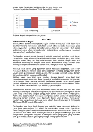 Koleksi Artikel Penyelidikan Tindakan PISMP SN amb. Januari 2009,
Seminar Penyelidikan Tindakan IPG KBL Tahun 2012, ms.87-101
99
Seminar Penyelidikan Tindakan IPG KBL Tahun 2012
27&28 September 2012/ IPG KBL
0
10
20
30
40
50
Guru pembimbing Guru pelatih
Pertama
Kedua
Rajah 6. Keputusan penilaian pengajaran.
REFLEKSI
Refleksi Dapatan Kajian
Menurut Miles dan Huberman (1994), kajian kualitatif mempunyai kualiti 'tidak dapat
dinafikan' kerana mempunyai perkataan konkrit lebih dari satu dan dengan jelas
lebih meyakinkan pembaca daripada halaman-halaman bernombor. Oleh sebab
sedemikian, saya telah menggabungkan pelbagai jenis kaedah supaya mendapat
data yang lebih tepat dalam kajian.
Berdasarkan senarai semak dan rekod anekdot yang telah sediakan untuk tujuan
pemerhatian, saya telah mendapati bahawa terdapat perubahan yang jelas dalam
kalangan murid. Sikap dan tingkah laku mereka telah berubah menjadi lebih aktif
sekiranya dibandingkan dengan kelas lepas. Kelima-lima orang sasaran telah
menunjukkan perubahan selepas bahan bantu mengajar visual digunakan.
Menerusi soal selidik yang dijalankan dalam kalangan responden, saya boleh
mendapati bahawa maklum balas para responden terhadap penggunaan bahan
visual dalam pembelajaran adalah positif. Mereka juga berminat belajar dengan
berpandukan bahan-bahan visual tersebut.
Maklum balas yang telah saya perolehi dengan kaedah temu bual telah
menunjukkan para responden dapat menerima pembelajaran dengan penggunaan
bahan-bahan visual. Mereka memberi pandangan bahawa bahan visual seperti
gambar, video dan sebagainya dapat menarik minat mereka untuk belajar. Selain
itu, pencapaian mereka dalam topik tertentu juga meningkat.
Pemerolehan markah ujian para responden dalam pre-test dan post test telah
menunjukkan dengan jelas bahawa para murid telah mencapai peningkatan dalam
ujian yang kedua iaitu selepas penggunaan bahan visual dalam pembelajaran.
Kelima-lima sasaran telah mencapai peningkatan dalam ujian post-test sekiranya
dibanding dengan markah yang diperolehi dalam ujian pre-test. Peningkatan
markah ujian yang dicapai oleh para murid adalah dalam lingkungan 12 (58 kepada
70) hingga 36 (60 kepada 96) markah.
Berdasarkan sesi temu bual dengan guru sekolah, saya mendapati kelemahan
pada jenis pembelajaran ini adalah ia memerlukan masa untuk disediakan.
Seseorang guru perlu menghabiskan masa untuk mencari bahan-bahan. Selain itu,
para murid tidak akan dapat mengingati semua isi pelajaran sekiranya guru tidak
menjalankan penegasan yang lain. Cadangan kaedah pengajaran yang diberikan
oleh guru tersebut adalah gabungan pelbagai strategi pembelajaran.
 