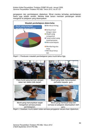 Koleksi Artikel Penyelidikan Tindakan PISMP SN amb. Januari 2009,
Seminar Penyelidikan Tindakan IPG KBL Tahun 2012, ms.87-101
89
Seminar Penyelidikan Tindakan IPG KBL Tahun 2012
27&28 September 2012/ IPG KBL
pengajaran dan pembelajaran dijalankan. Minat mereka terhadap pembelajaran
Sains juga adalah rendah. Mereka tidak berani memberi pandangan sendiri
mengenai isi pelajaran yang disampaikan.
Rajah 1. Peratusan masalah pembelajaran para murid tahun tiga.
Rajah 2. Keadaan murid dalam kelas semasa pengajaran secara lisan dijalankan.
Para murid yang bermain dengan
rakan lain dalam bilik darjah.
Murid yang tidak menumpukan
perhatian kepada guru.
Murid yang menunjukkan wajah
mengantuk semasa proses
pembelajaran.
Murid yang membuat kerja lain
semasa isi pelajaran disampaikan oleh
guru.
 