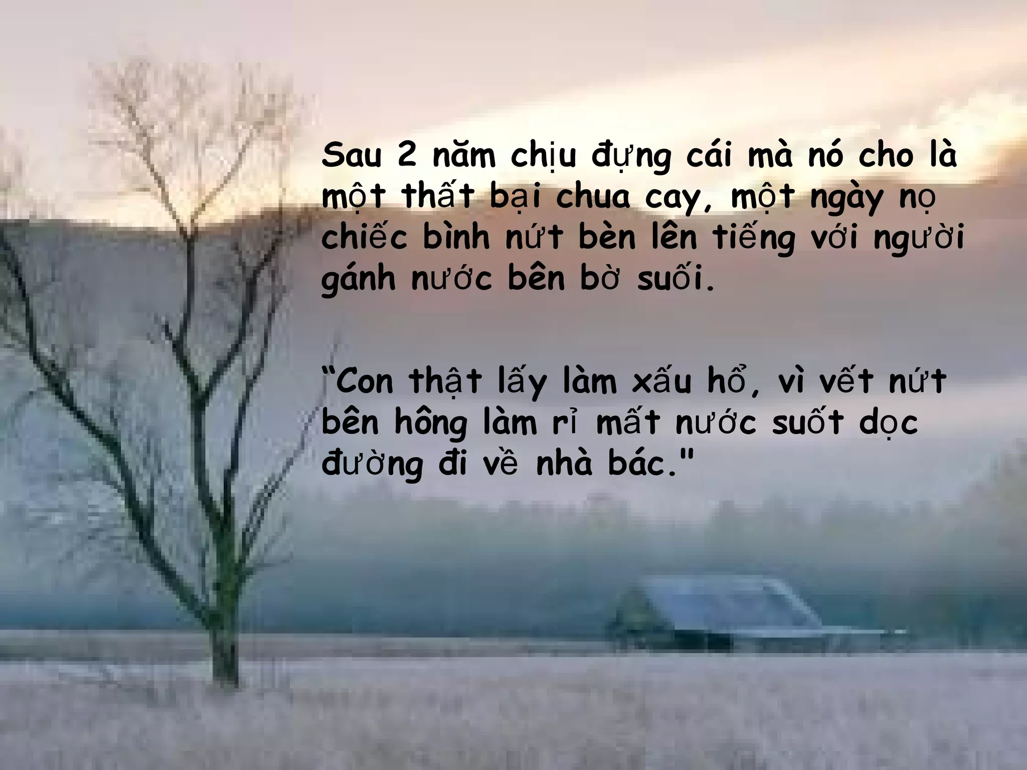 Sau 2 năm ch u đ ng cái mà nó cho làị ự
m t th t b i chua cay, m t ngày nộ ấ ạ ộ ọ
chi c bình n t bèn lên ti ng v i ng iế ứ ế ớ ườ
gánh n c bên b su i.ướ ờ ố
“Con th t l y làm x u h , vì v t n tậ ấ ấ ổ ế ứ
bên hông làm r m t n c su t d cỉ ấ ướ ố ọ
đ ng đi v nhà bác."ườ ề
 