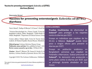 CONCLUSIONES:
- Pruebas insuficientes de efectividad de
Dukoral® para proteger a los viajantes
contra la diarrea por ECET.
- Ensayo en individuos que viajaban de los
EE.UU. a México: Dukoral® puede tener
poco o ningún efecto para prevenir la
diarrea por ECET.
- Ensayo en población endémica en
Bangladesh: personas que viajaban de
Finlandia a Marruecos. Evaluó precursor de
Dukoral®. Se demostró una protección a
corto plazo contra la diarrea por ECET, que
se prolongó durante alrededor de tres
meses
 