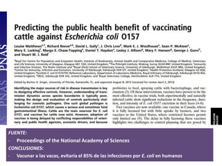 FUENTE:
- Proceedings of the National Academy of Sciences
CONCLUSIONES:
- Vacunar a las vacas, evitaría el 85% de las infecciones por E. coli en humanos
 