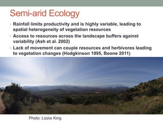 Semi-arid Ecology
• Rainfall limits productivity and is highly variable, leading to
spatial heterogeneity of vegetation resources
• Access to resources across the landscape buffers against
variability (Ash et al. 2002)
• Lack of movement can couple resources and herbivores leading
to vegetation changes (Hodgkinson 1995, Boone 2011)
Photo: Lizzie King
 