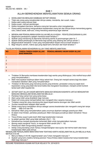 RESUME PENDIDIKAN AGAMA KATOLIK KELAS 9 TH. 2014/2015 1
NAMA :
KELAS/ NO. ABSEN : 9A /
BAB 1
ALLAH BERKEHENDAK MENYELAMATKAN SEMUA ORANG
 KESELAMATAN MENJADI DAMBAAN SETIAP ORANG
 Tidak ada orang yang menghendaki dirinya celaka, menderita, dan susah, maka :
1. Ketika sakit orang mencari obat,
2. Ketika susah, mencari pertolongan
3. Ketika mengalami bencana, bersama orang lain berusaha untuk mengatasinya.
 Orang saling menolong mengusahakan keselamatan orang lain dan dirinya tanpa memandang agama,
suku, status sosial, asal-usul, orang menolong sesamanya agar selamat
 MENDALAMI PENGALAMAN KASIH ALLAH MELALUI KISAH : PENYELENGGARAAN ILLAHI
1. Bagaimana perasaanmu setelah membaca kisah tersebut ?
2. Apakah yang mendorong Sr Bernarda menolong wanita di persimpangan jalan itu ?
3. Apakah akibat pertolongan Sr Bernarda bagi wanita yang ditolong dan dirinya sendiri ?
4. Bagaimanakah kehadiran Tuhan yang menyelamatkan terjadi menurut kisah tersebut ?
5. Bagi hidupmu sendiri, makna apa yang dapat kamu temukan dari kisah tersebut ?
TULISLAH PENGALAMAN KEHADIRAN ALLAH YANG MENYELAMATKAN :
NO TANDA-TANDA KASIH ALLAH
BAGI MANUSIA
PENGALAMANKU AKAN KASIH ALLAH
1
2
3
4
5
 Tindakan Sr Bernarda membawa keselamatan bagi wanita yang ditolongnya ( kita melihat karya allah
yang menyelamatkan )
 Allah menunjukkan kasihnya dalam hidup sehari-hari. Orang lain menjadi sarana bagi kita dalam
merasakan kebaikan allah yang menyelamatkan
 Tindakan Sr Bernarda yang menolong wanita yang terlantar, perawatan orang tua sejak kecil,
kepedulian orang yang tidak kita kenal ketika kita mengalami kecelakaan, menjadi contoh konkret
tanda kasih allah kepada kita
 SETIAP SAAT ALLAH HADIR MENYAPA MANUSIA DENGAN KASIHNYA UNTUK MENGANTAR
MANUSIA MENGALAMI KESELAMATAN MELALUI :
1. Peristiwa hidup sehari-hari yang serba biasa
2. Alam yang indah yang diciptakan bagi manusia
3. Dalam diri orang yang memperhatikan dan mengasihi kita ( sesama manusia )
 Tindakan orang lain yang menolong kita dapat terjadi karena dorongan dari Allah sendiri
 Sumber keselamatan tetaplah Allah sendiri
 Setiap orang harus menjadikan dirinya sebagai sarana keselamatan dan mengasihi orang lain tanpa
batas (Mat 5:43 dan 44)
 Kehadiran Allah yang menyelamatkan pada umumnya dipahami sebagai pewahyuan Allah
 Di dalam iman Kristen, peristiwa pewahyuan Allah mencapai puncaknya dalam kehadiran Yesus
Kristus
 Yesus Kristus wujud nyata kasih Allah bagi keselamatan manusia
 Ia adalah gambar Allah yang tidak kelihatan (Kol 1 : 15)
 Kehadirannya menjadi perwujudan kehendak Allah untuk menyelamatkan manusia
 Barang siapa mengenal Yesus, ia mengenal Allah sendiri (Kol 1 : 19)
 Pewahyuan Allah mengundang jawaban manusia
 Setiap orang diundang untuk mampu mengembangkan rasa syukur dan terima kasih atas karya
keselamatan Allah pada dirinya
MENDALAMI PENGALAMAN IMAN KRISTIANI TENTANG KARYA KESELAMATAN ALLAH MELALUI INJIL
MATIUS 5:43-48
1. Menurut Matius 5:43-48, bagaimanakah cara Tuhan mengasihi manusia ?
2. Apakah yang kamu ketahui tentang peranan Yesus Kristus dalam keseluruhan karya keselamatan
Allah bagi manusia ?
 