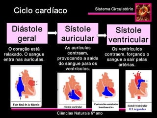 Sistema Circulatório 
Ciências Naturais 9º ano 
Ciclo cardíaco 
Diástole 
geral 
Sístole 
auricular 
Sístole 
ventricular 
O coração está 
relaxado. O sangue 
entra nas aurículas. 
As aurículas 
contraem, 
provocando a saída 
do sangue para os 
ventrículos. 
Os ventrículos 
contraem, forçando o 
sangue a sair pelas 
artérias.
 