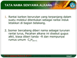 TATA NAMA SENYAWA ALKANA 
1. Rantai karbon berurutan yang terpanjang dalam 
suatu molekul ditentukan sebagai rantai induk 
letakkan di bagian belakang. 
2. Isomer bercabang diberi nama sebagai turunan 
rantai lurus, Pecahan alkana ini disebut gugus 
alkil, biasa diberi tanda –R dan mempunyai 
rumus umum CnH2n+1 
Tri Hal.: Goesema 12 Putra S, M.Isi Pd dengan Judul Halaman Terkait 
Adaptif 
 
