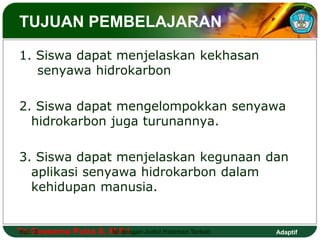 TUJUAN PEMBELAJARAN 
1. Siswa dapat menjelaskan kekhasan 
senyawa hidrokarbon 
2. Siswa dapat mengelompokkan senyawa 
hidr...