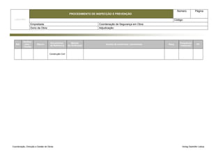 LOGOTIPO 
PROCEDIMENTO DE INSPECÇÃO E PREVENÇÃO 
Número Página 
Código: 
Empreitada: Coordenação de Segurança em Obra: 
Dono da Obra: Adjudicação: 
Ref. 
Verifica-ções 
/ 
Tarefas 
Riscos Documentos 
de Referência 
Método 
Frequência 
de Verificação Acções de correctivas / preventivas Resp. Inspecção PP 
Construção Civil 
Coordenação, Direcção e Gestão de Obras Verlag Dashöfer Lisboa 
