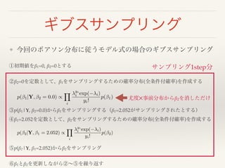 ギブスサンプリング 
❖ 今回のポアソン分布に従うモデル式の場合のギブスサンプリング 
①初期値をβ1=0, β2=0とする! 
! 
②β2=0を定数として、β1をサンプリングするための確率分布(全条件付確率)を作成する! 
! 
! 
λyi 
λi) 
! 
p(β1|Y,β2 = 0.0) ∝ 
i exp(−p(β1) 
yi! 
! 
i 
③p(β1|Y, β2=0.0)からβ1をサンプリングする（β1=2.052がサンプリングされたとする）! 
④β1=2.052を定数として、β2をサンプリングするための確率分布(全条件付確率)を作成する! 
! 
! 
! 
⑤p(β2|Y, β1=2.052)からβ2をサンプリング! 
! 
⑥β1とβ2を更新しながら②～⑤を繰り返す 
サンプリング1step分 
尤度✕事前分布からβ2を消しただけ 
 