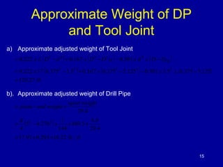 Approximate Weight of DP 
and Tool Joint 
a) Approximate adjusted weight of Tool Joint 
= 0.222 x 17 6.3752 - 3.52 + 0.167 x 6.3753 - 5.1253 - 0.501 x 3.52 x 
6.375 - 
5.125 
= 
b). Approximate adjusted weight of Drill Pipe 
15 
= 0.222 x L (D2 - d 2 )+ 0.167 x (D3 - D3TE )- 0.501 x d 2 x (D- DTE ) 
( ) ( ) ( ) 
lb 
120.27 
= plain - end weight + upset weight 
29.4 
( ) 29.4 
= p 2 - 2 x x + 
=17.93+0.293=18.22 lb / ft 
489.5 8.6 
5 4.276 1 
4 
144 
 