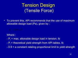 Tension Design 
(Tensile Force) 
• To prevent this, API recommends that the use of maximum 
allowable design load (Pa), given by : 
Where : 
- Pa = max. allowable design load in tension, lb 
- Pt = theoretical yield strength from API tables, lb 
- 0.9 = a constant relating proportional limit to yield strength 
32 
Pa = 0.9 x Pt 
 