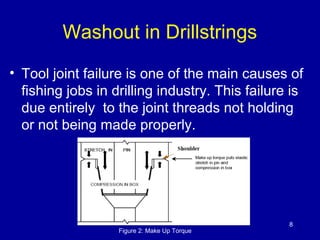 Washout in Drillstrings 
• Tool joint failure is one of the main causes of 
fishing jobs in drilling industry. This failure is 
due entirely to the joint threads not holding 
or not being made properly. 
8 
Figure 2: Make Up Torque 
 