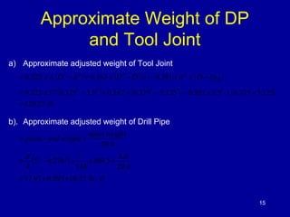 Approximate Weight of DP 
and Tool Joint 
a) Approximate adjusted weight of Tool Joint 
= 0.222 x 17 6.3752 - 3.52 + 0.167...