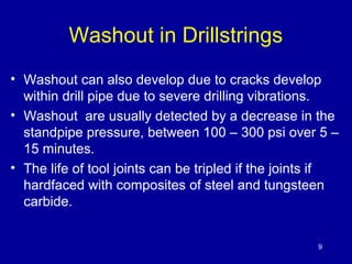 Washout in Drillstrings 
• Washout can also develop due to cracks develop 
within drill pipe due to severe drilling vibrat...