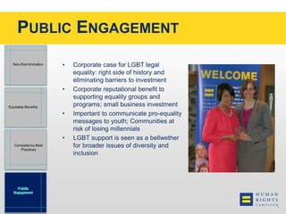 PUBLIC ENGAGEMENT 
• Corporate case for LGBT legal 
equality: right side of history and 
eliminating barriers to investment 
• Corporate reputational benefit to 
supporting equality groups and 
programs; small business investment 
• Important to communicate pro-equality 
messages to youth; Communities at 
risk of losing millennials 
• LGBT support is seen as a bellwether 
for broader issues of diversity and 
inclusion 
Non-Discrimination 
Equitable Benefits 
Competency Best 
Practices 
 