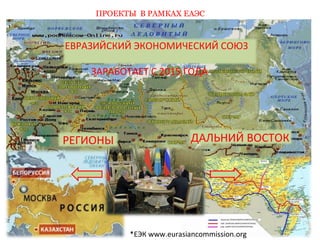 ПРОЕКТЫ В РАМКАХ ЕАЭС 
ЕВРАЗИЙСКИЙ ЭКОНОМИЧЕСКИЙ СОЮЗ 
ЗАРАБОТАЕТ С 2015 ГОДА 
РЕГИОНЫ ДАЛЬНИЙ ВОСТОК 
*ЕЭК www.eurasiancommission.org 
 